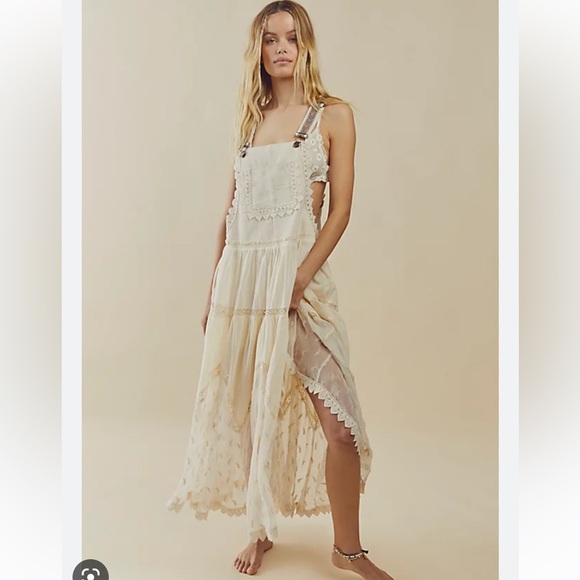 Free People Dresses & Skirts - Free People Trails End Lace Crochet Vintage Overalls Maxi Dress Skirtall
